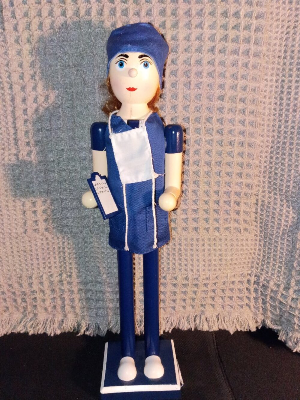 BEAUTIFUL WOODEN 16", WHITE FEMALE NURSE NUTCRACKER IN BLUE UNIFORM